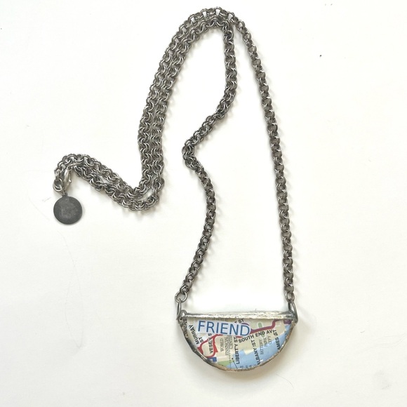 handmade shimmery silver necklace with map & city landscape - Picture 7 of 11